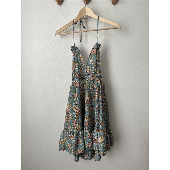 Unbranded Dresses & Skirts - Blue pink floral strappy ruffle hem summer dress sexy open back party S